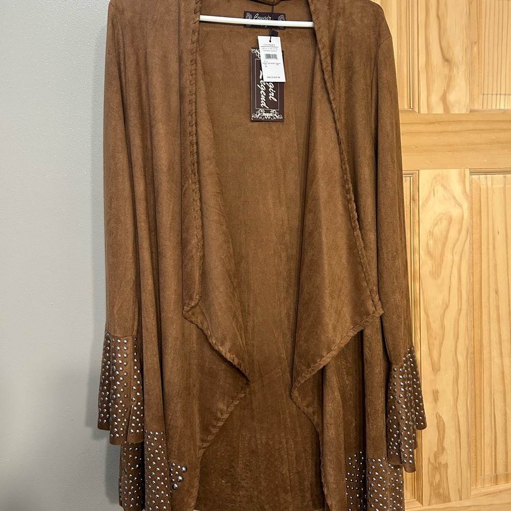 Brown Faux Suede Open Front Jacket with Studded Cuffs